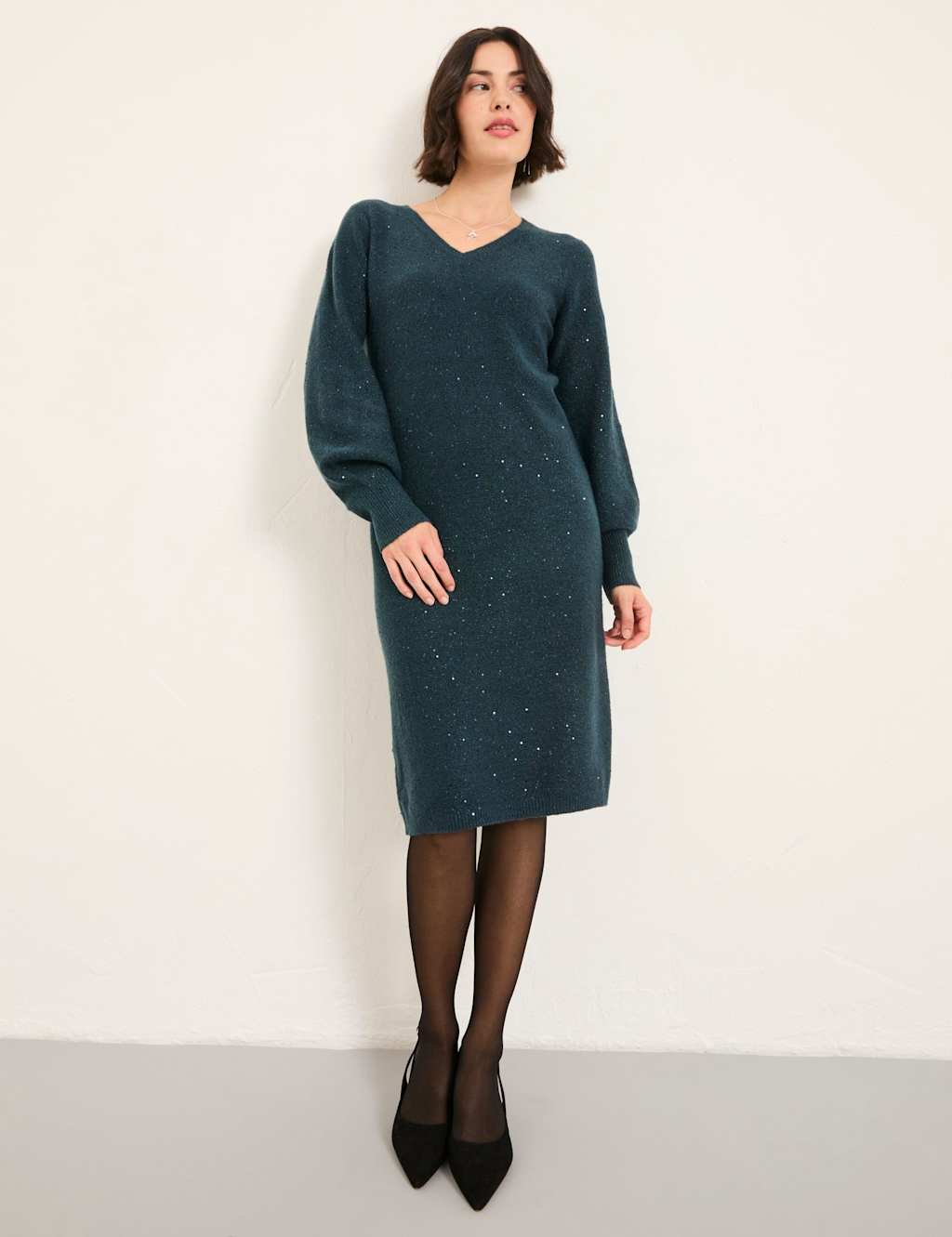 FatFace Sparkly Knee Length Jumper Dress Teal Mix