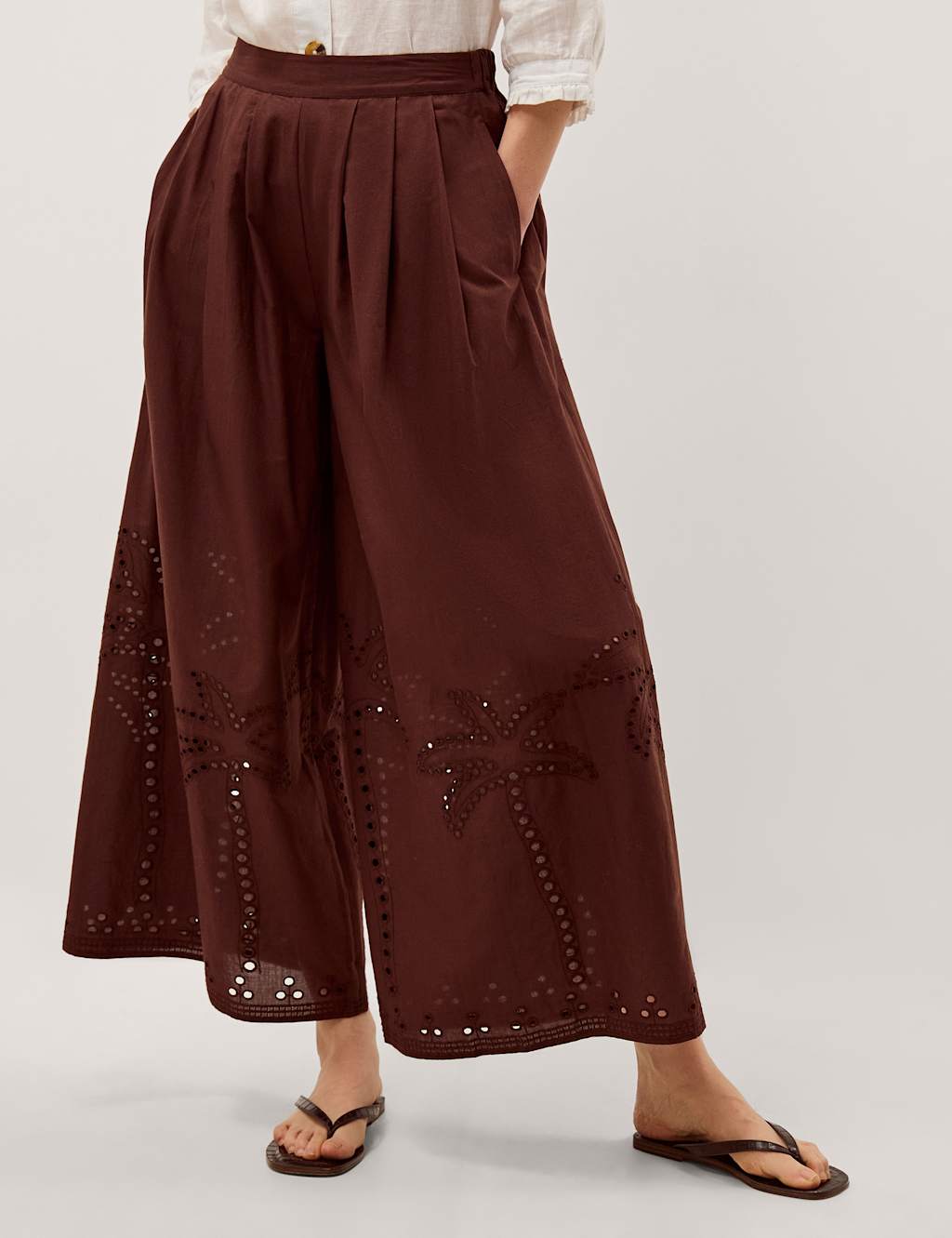 Monsoon Women's Pure Cotton Wide Leg Trousers - Large - Brown - Available at M&S