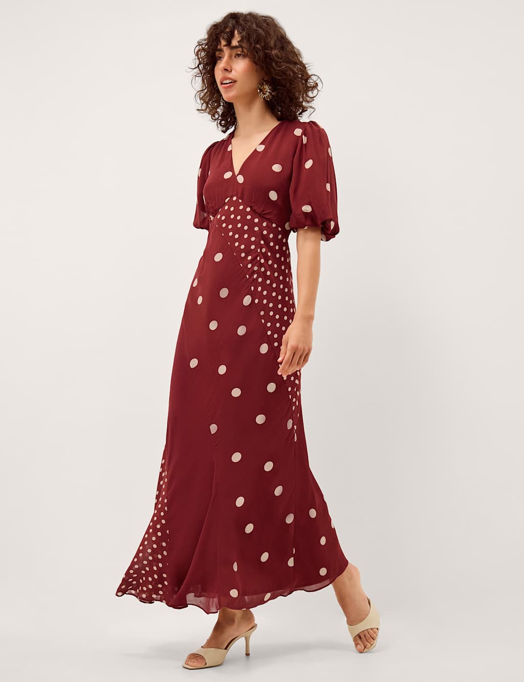 Monsoon Women's Polka Dot V-Neck Puff Sleeve Midi Tea Dress - Small - Burgundy Mix - Available at M&S