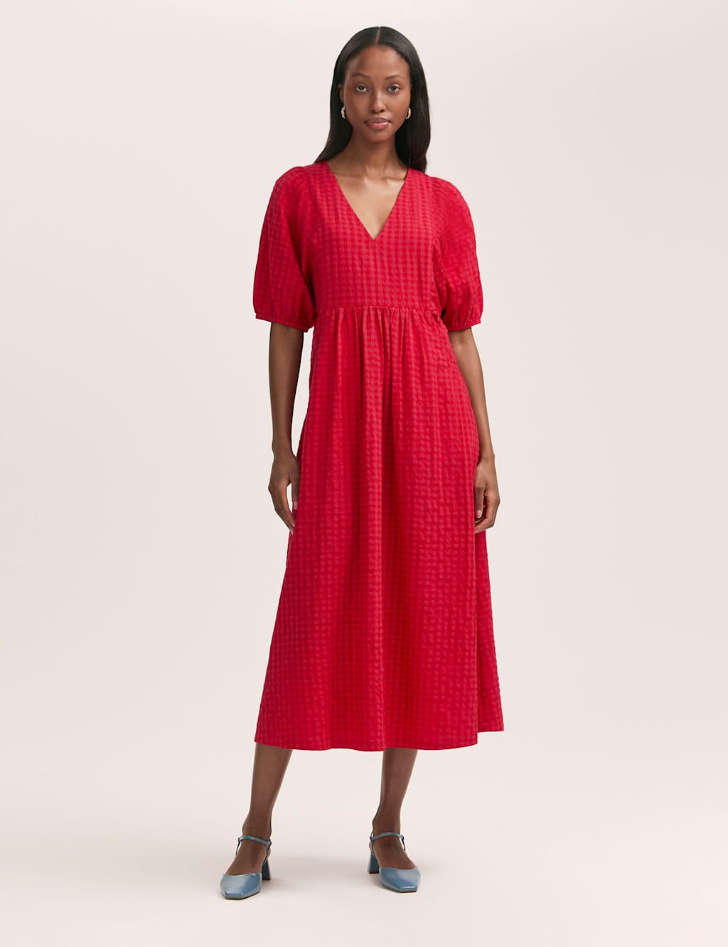Cotton Blend Gingham V-Neck Midi Smock Dress