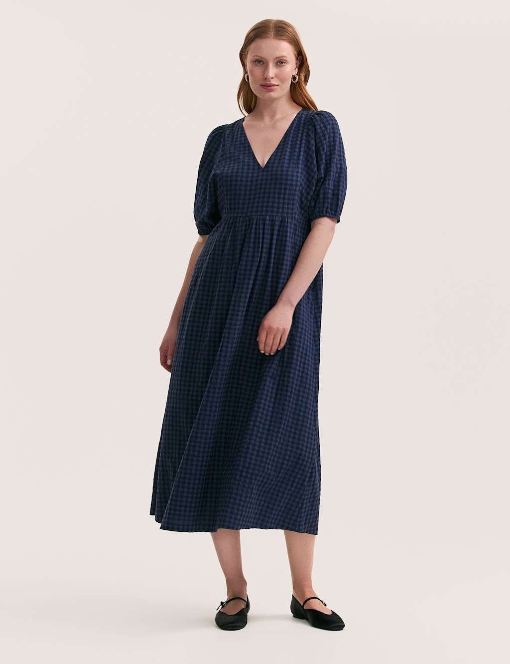 Cotton Blend Gingham V-Neck Midi Smock Dress