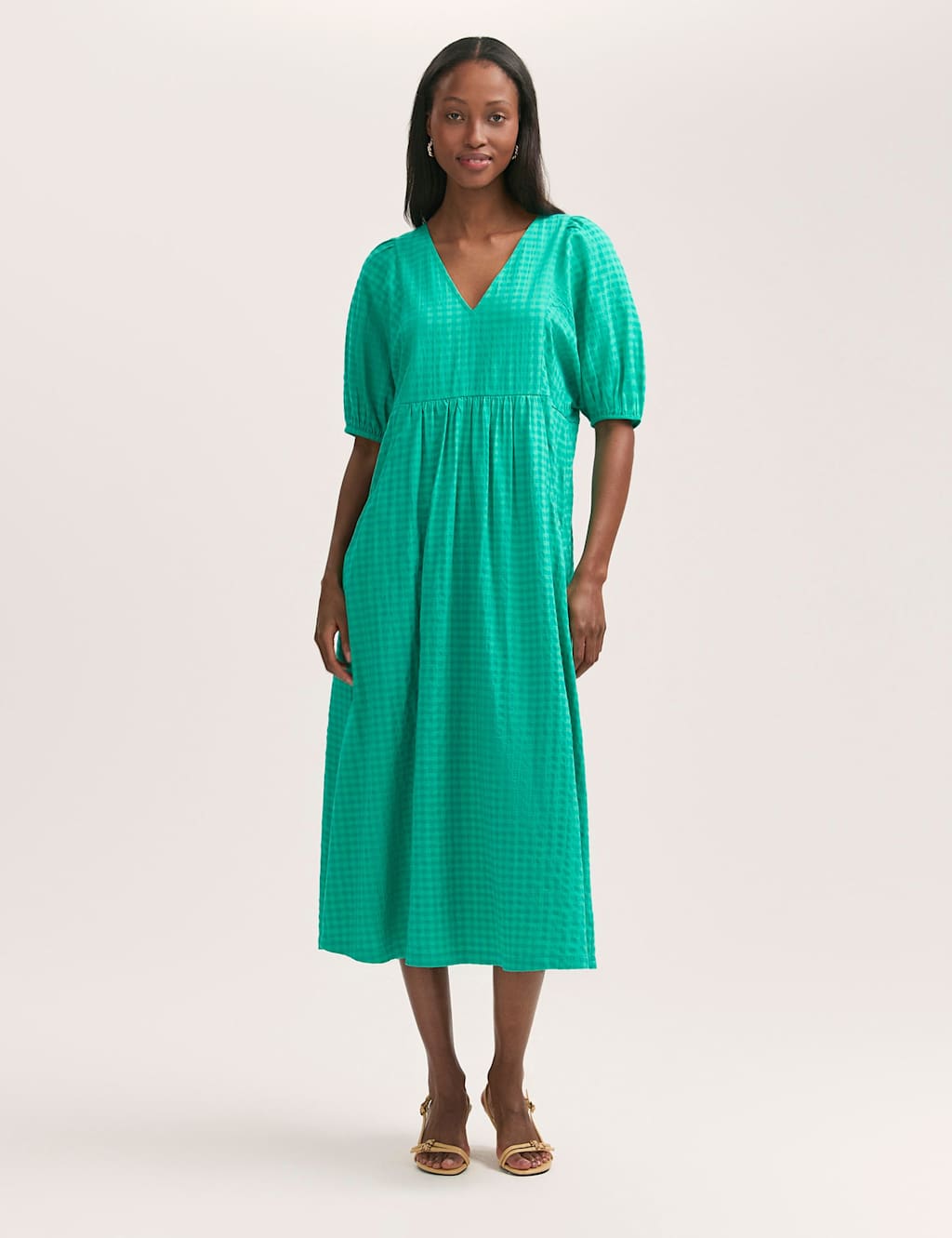 Cotton Blend Gingham V-Neck Midi Smock Dress