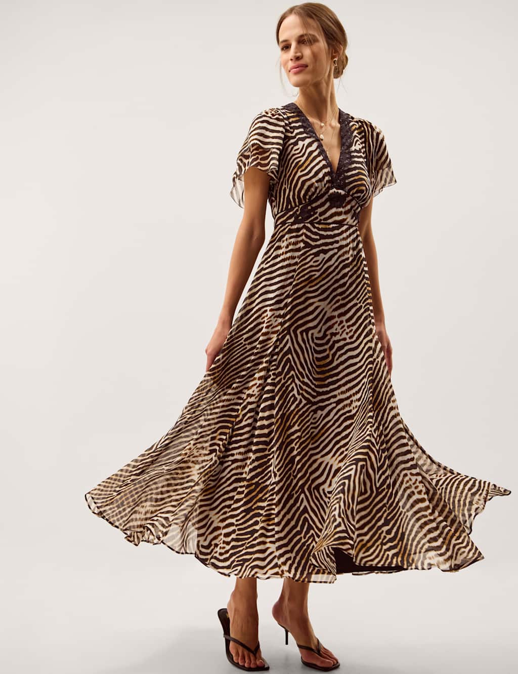 Monsoon Women's Animal Print V-Neck Midi Tea Dress - 14 - Brown Mix - Available at M&S