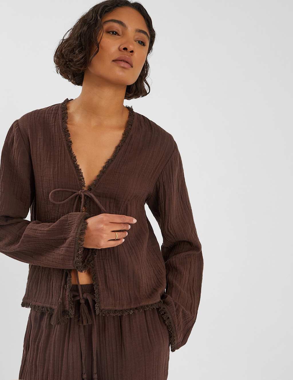 ACCESSORIZE Pure Cotton Crinkle Beach Cover Up Top Chocolate
