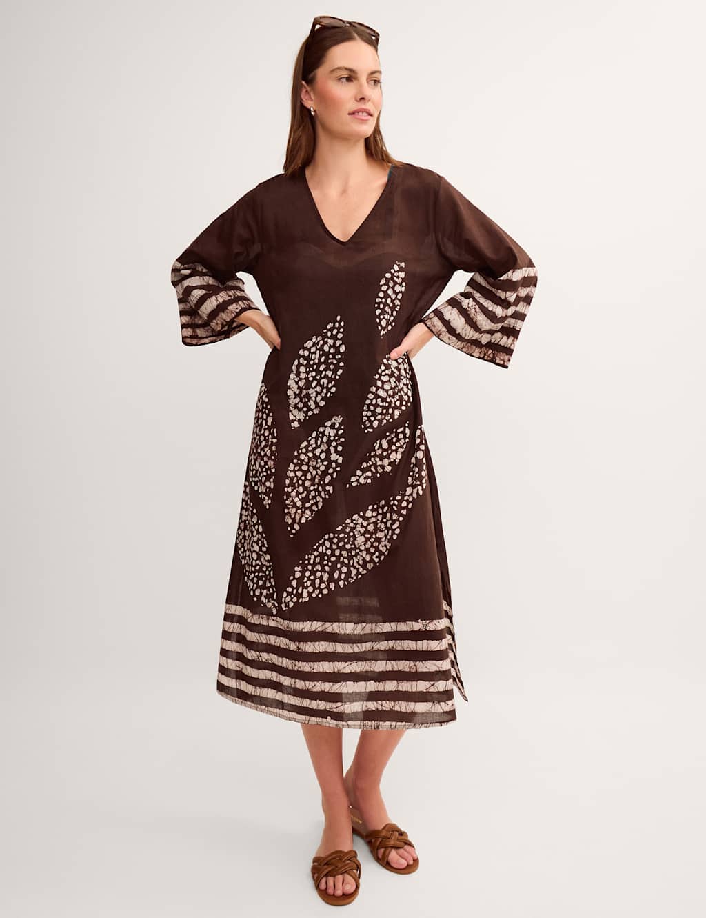 Monsoon Women's Cotton Rich Printed V-Neck Midaxi Kaftan Dress - Small-Medium - Brown Mix - Available at M&S