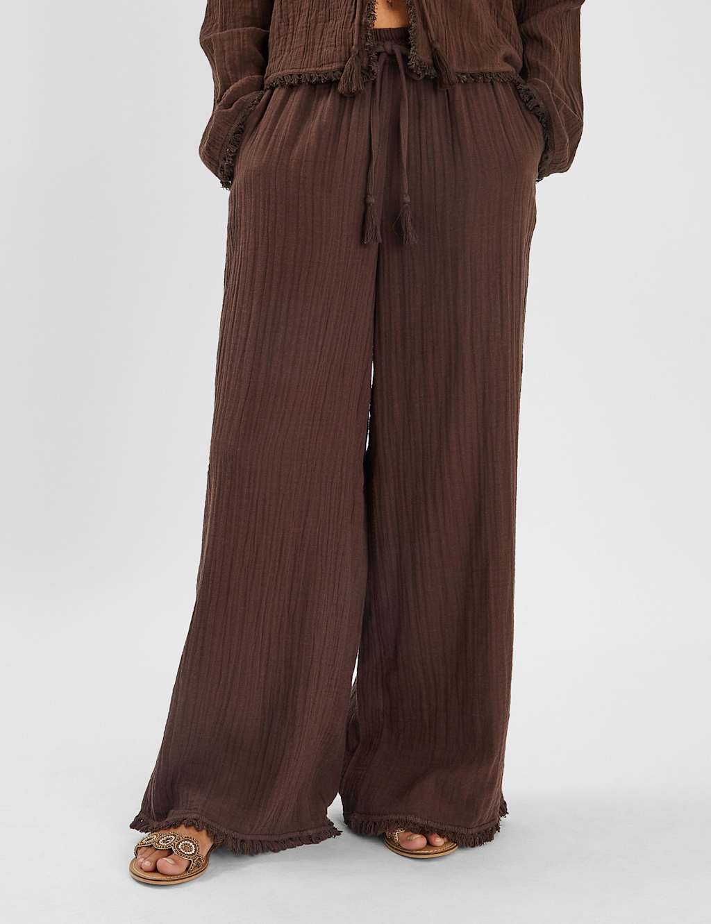 ACCESSORIZE Pure Cotton Drawstring Wide Leg Beach Trousers Chocolate