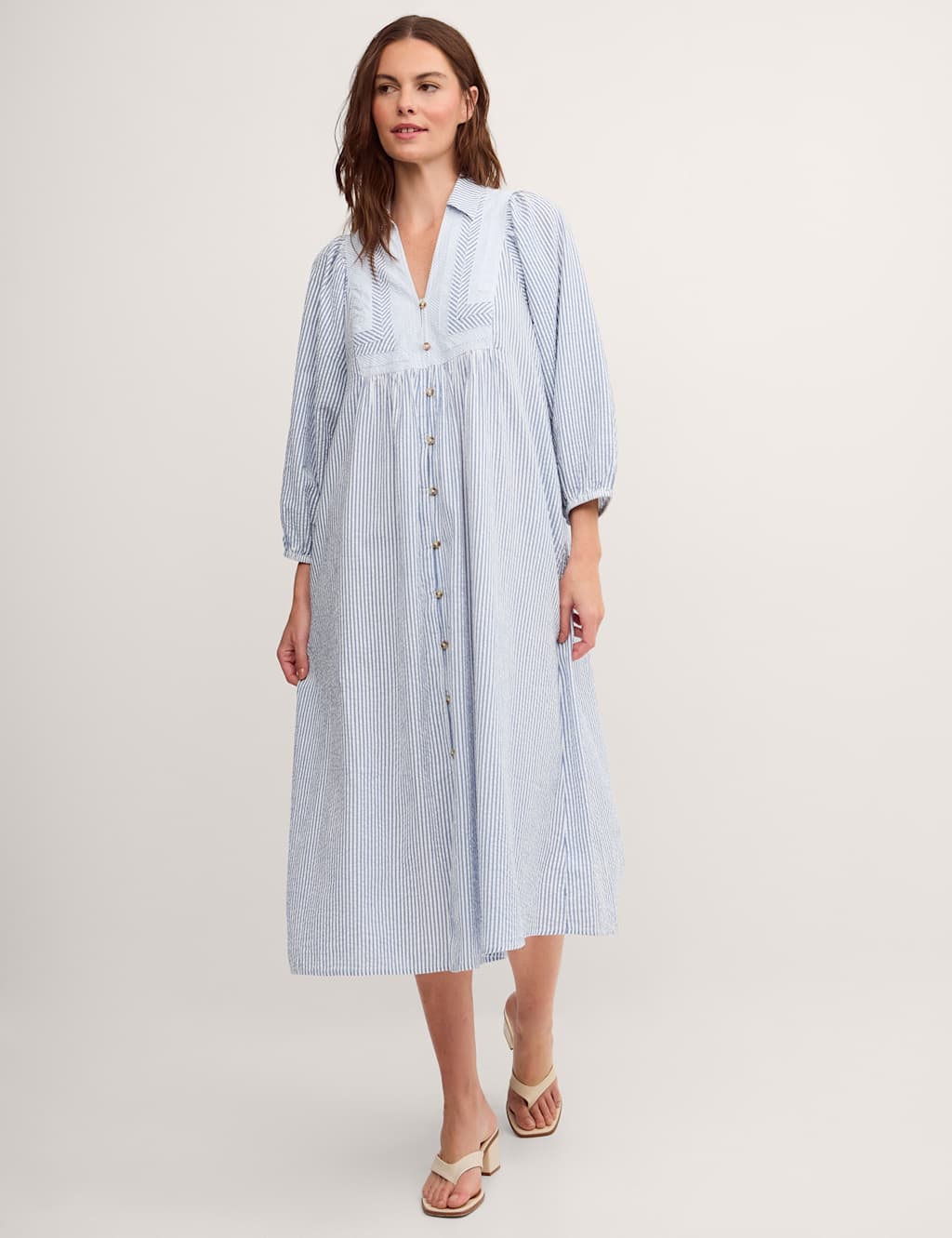 Monsoon Women's Pure Cotton Striped Midi Smock Dress - Large - Blue Mix - Available at M&S