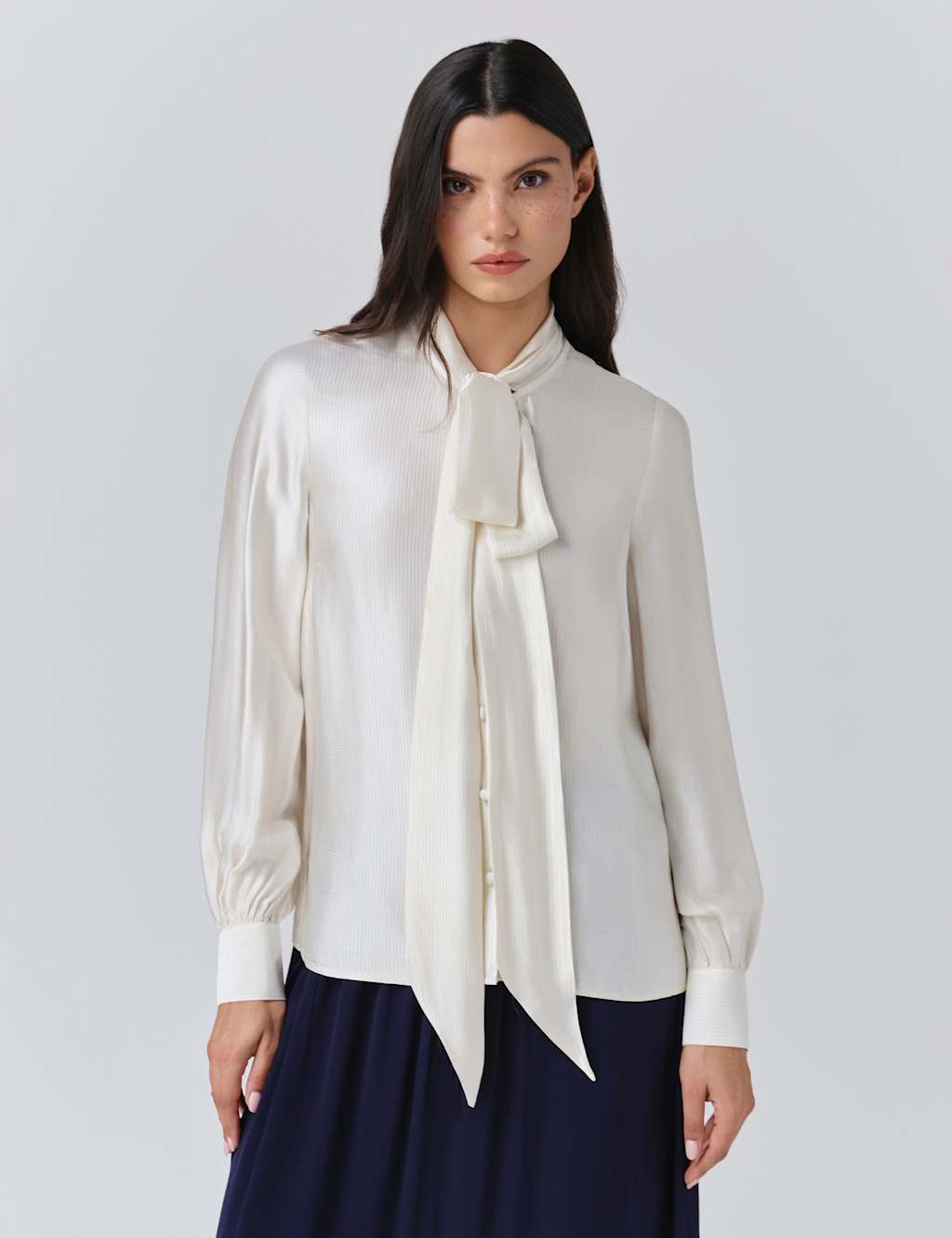 Ghost Satin Tie Neck Button Through Blouson Sleeve Blouse Ivory