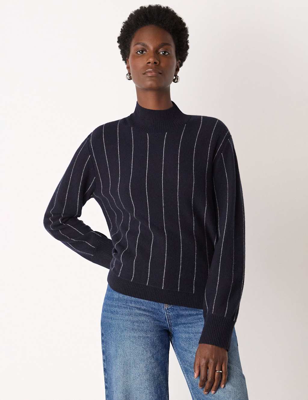 Whistles Pure Wool Striped Funnel Neck Jumper Navy Mix