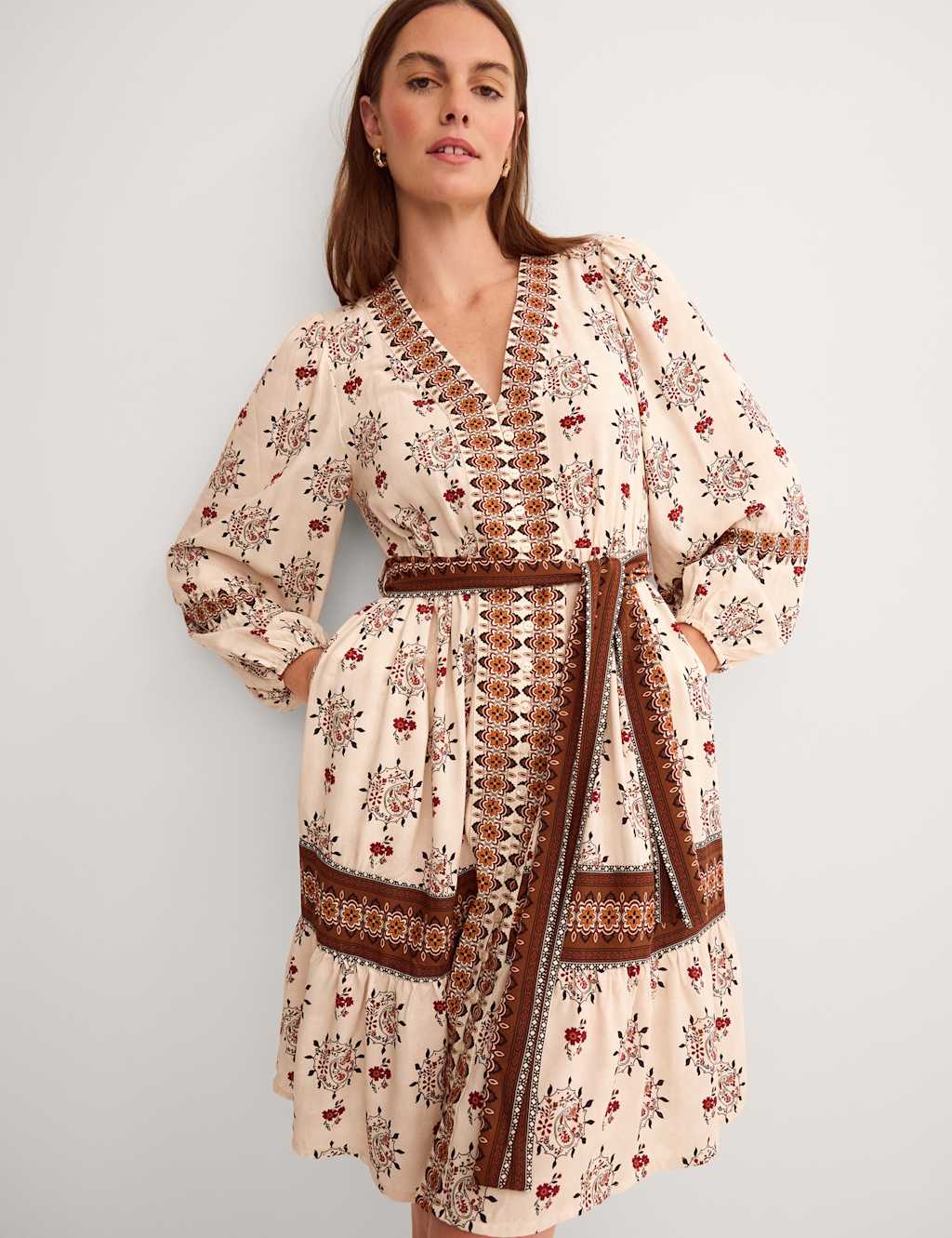 Monsoon Women's Printed V-Neck Belted Knee Length Shirt Dress - 14 - Ivory Mix - Available at M&S