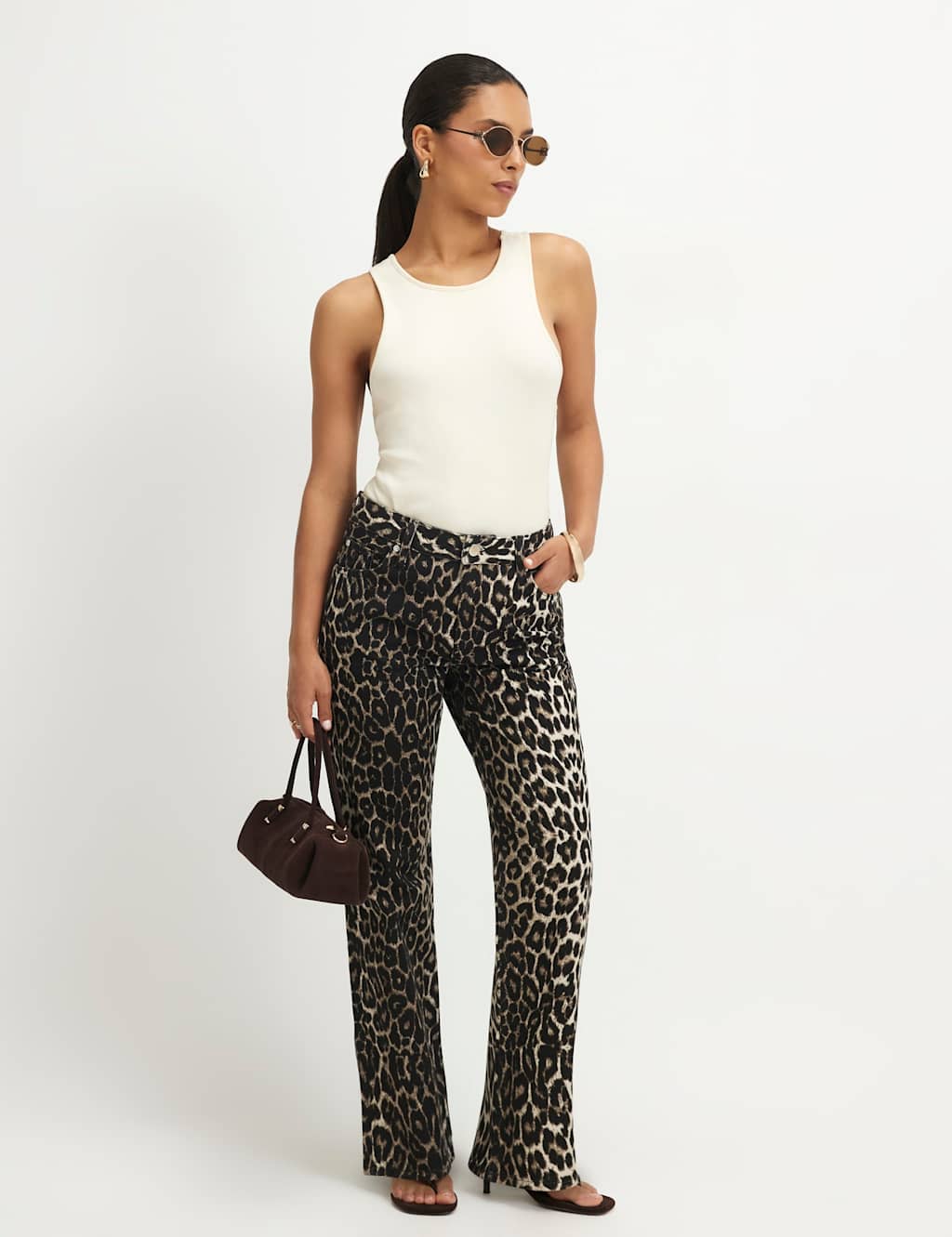 River Island Women's Mid Rise Leopard Print Slim Straight Leg Jeans - 14 - Beige Mix - Available at M&S