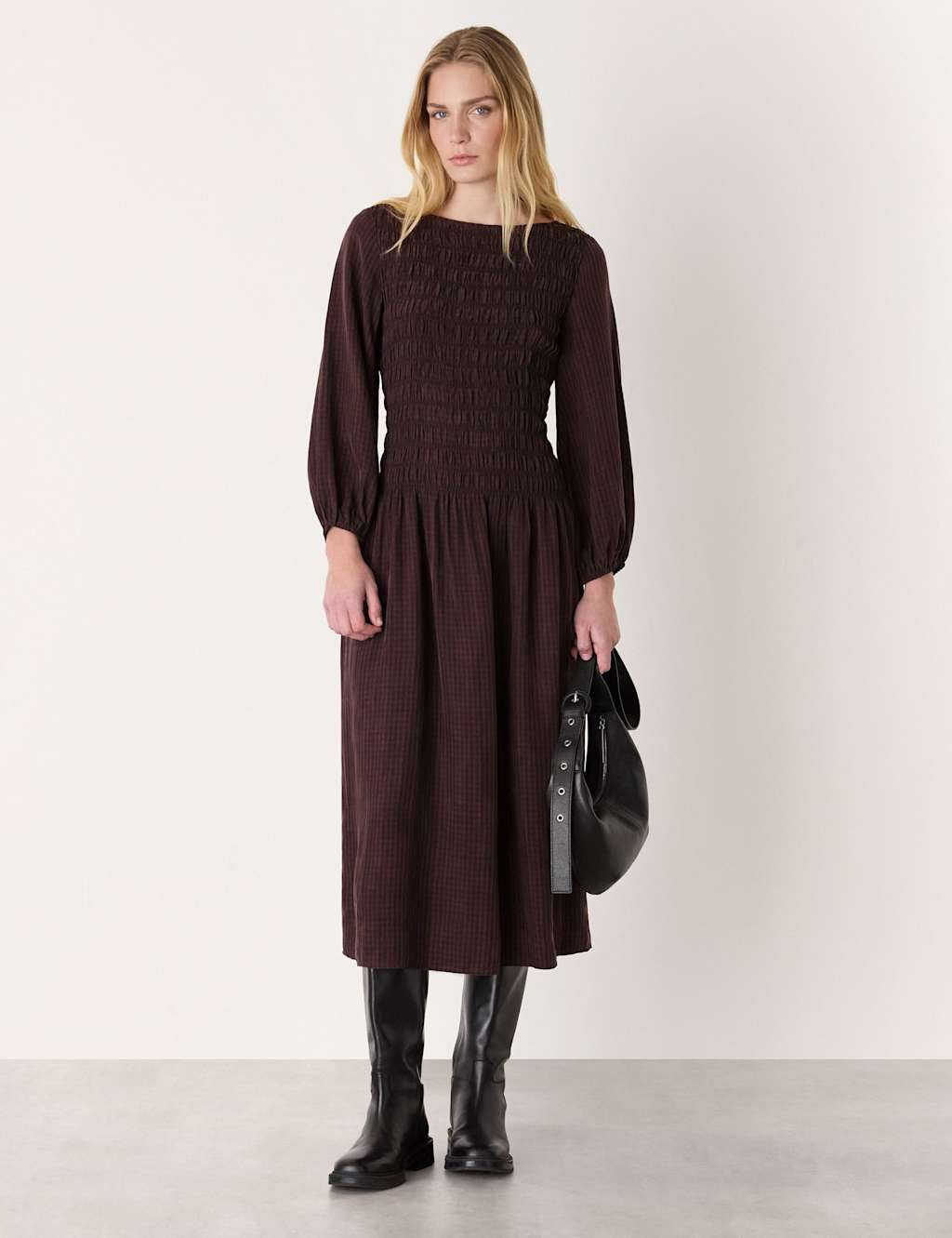 Whistles Women's Pure Cupro Checked Midi Shirred Dress - 16 - Brown Mix - Available at M&S