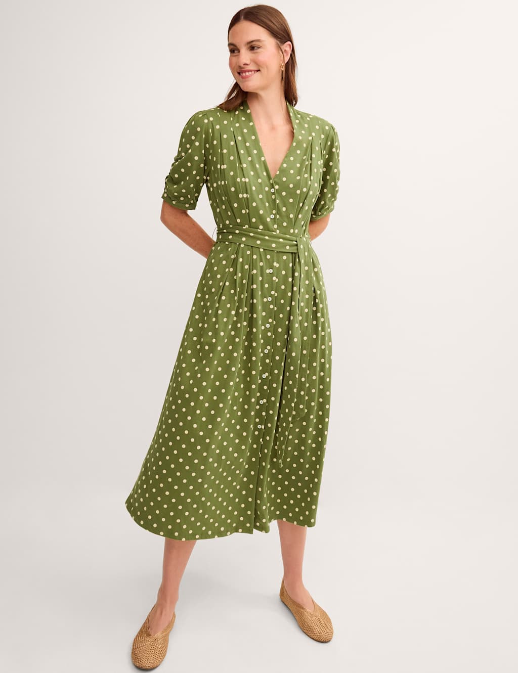 Monsoon Women's Jersey Polka Dot Belted Midi Shirt Dress - Large - Green Mix - Available at M&S