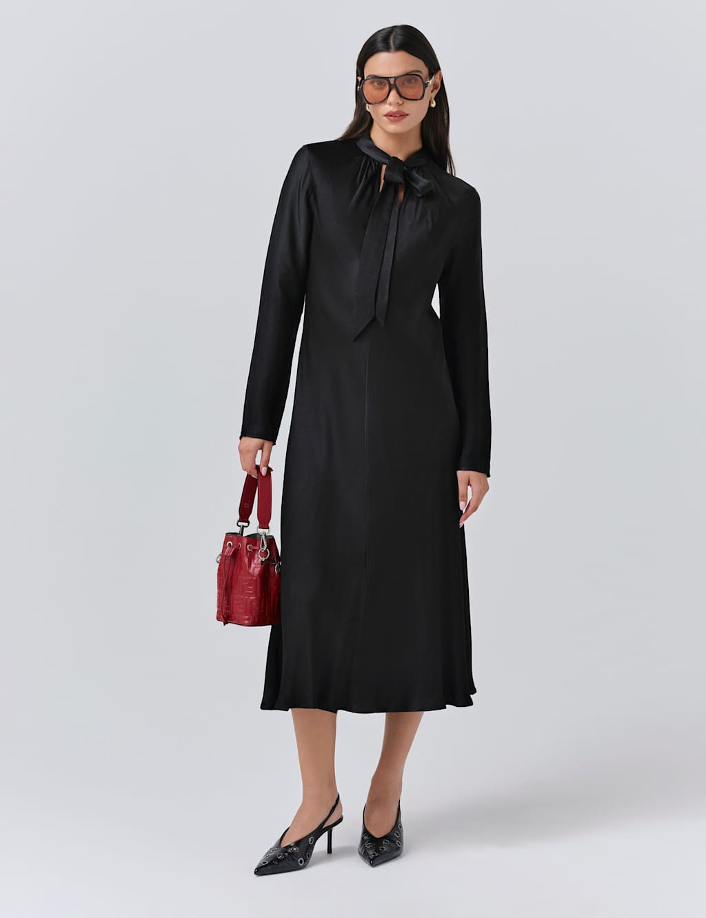 Ghost Satin Tie Neck Midi Skater Dress Black