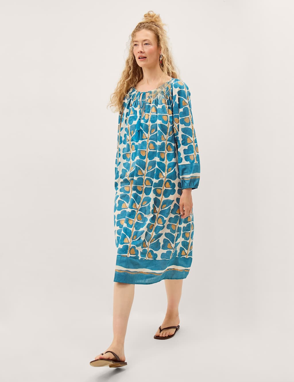 Monsoon Women's Cotton Rich Printed Midi Kaftan Dress - Small - Teal Mix - Available at M&S