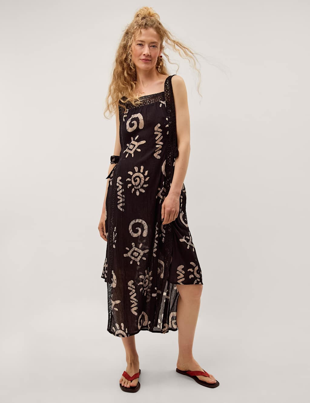 Monsoon Women's Pure Cotton Printed Square Neck Midi Dress - Large-Extra Large - Black Mix - Available at M&S