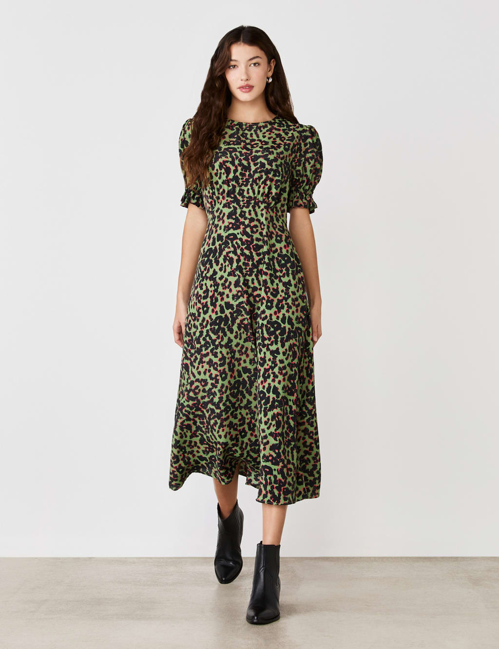 Crepe Animal Print Midi Tea Dress