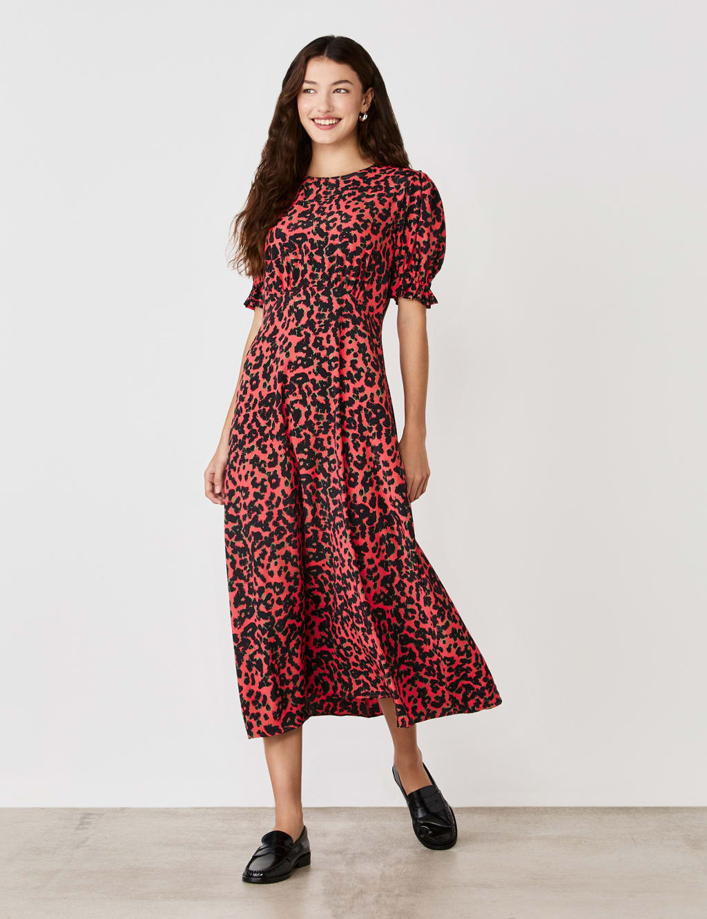 Crepe Animal Print Midi Tea Dress