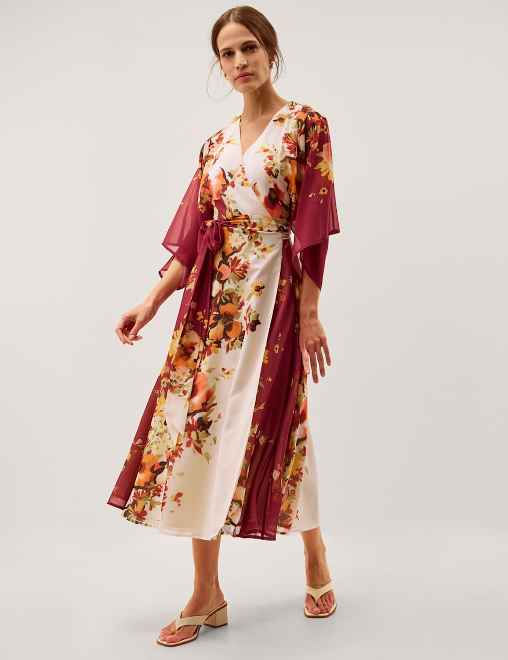 Monsoon Women's Floral V-Neck Angel Sleeve Midi Wrap Dress - 14 - Cream Mix - Available at M&S