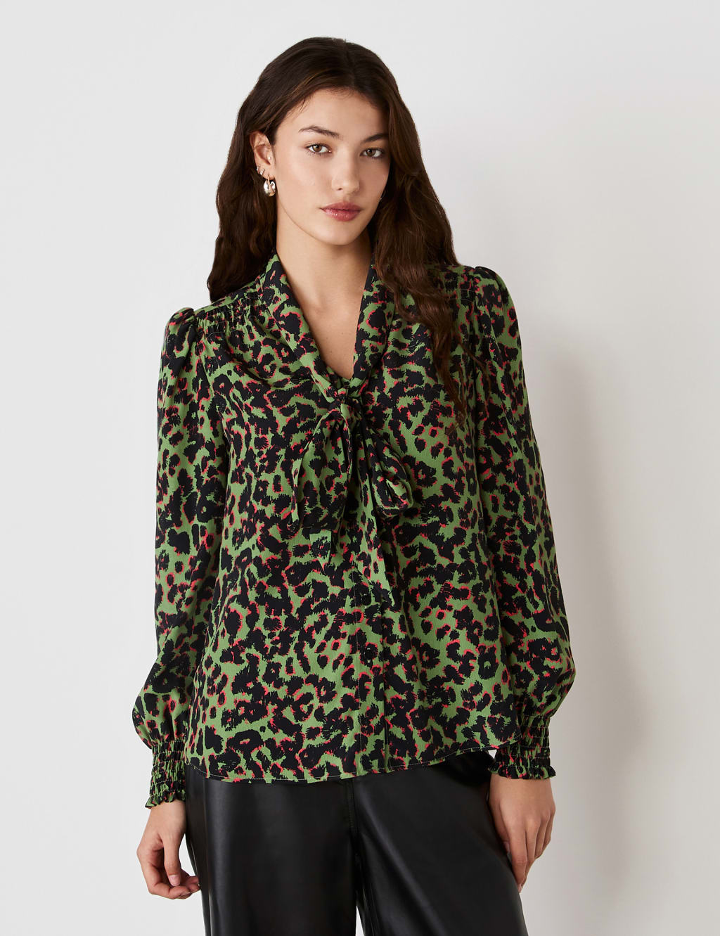 Crepe Animal Print Tie Neck Blouse