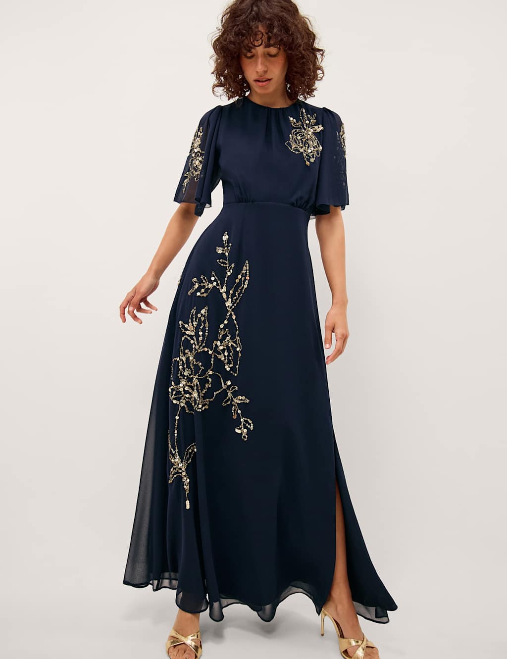 Monsoon Women's Floral Sequin Embellished Maxi Tea Dress - 12 - Navy - Available at M&S