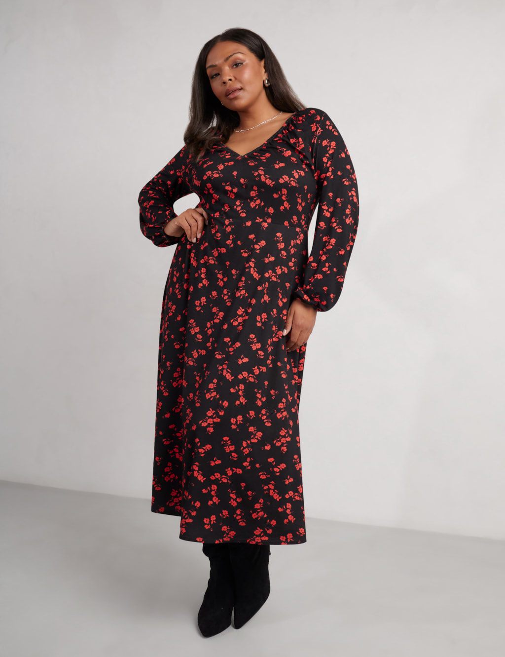 Jersey Floral V-Neck Midi Swing Dress