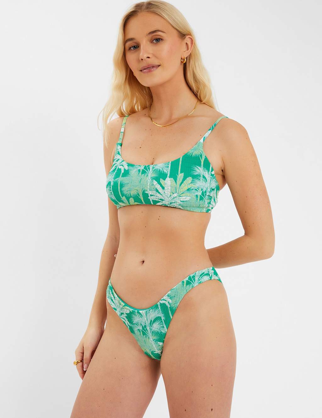 ACCESSORIZE Palm Print Shirred High Leg Bikini Bottoms Green