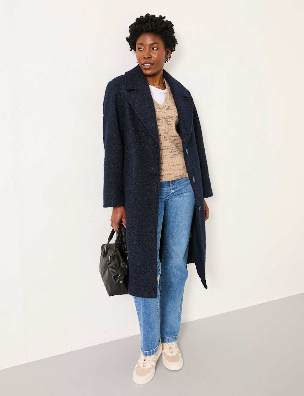 FatFace Boucl Revere Collar Coat Navy