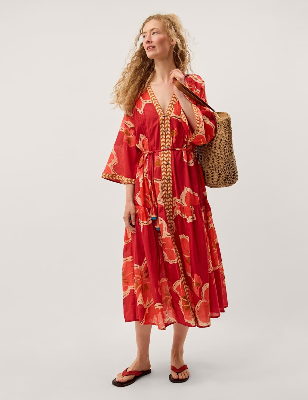 Monsoon Women's Pure Cotton Printed V-Neck Midaxi Kaftan Dress - Extra Large - Pink Mix - Available at M&S
