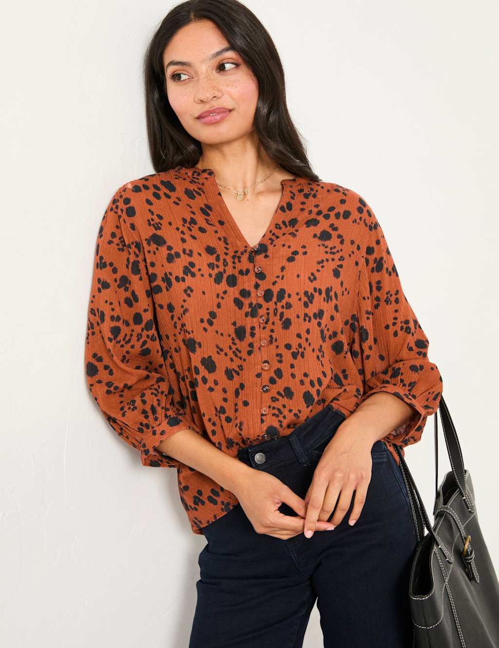 FatFace Pure Cotton Animal Print V-Neck Blouse Brown Mix