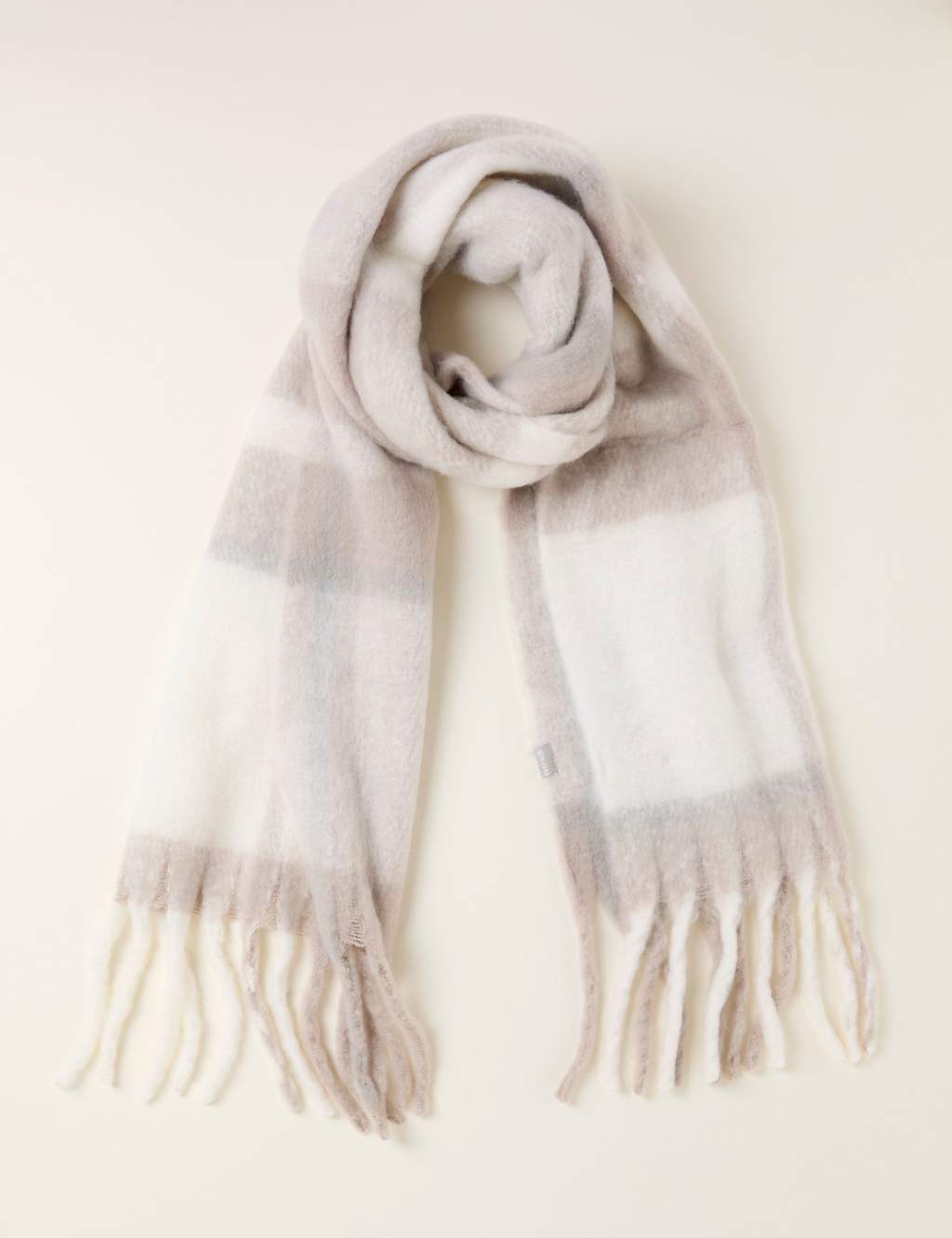 FatFace Checked Tassel Scarf Ivory Mix