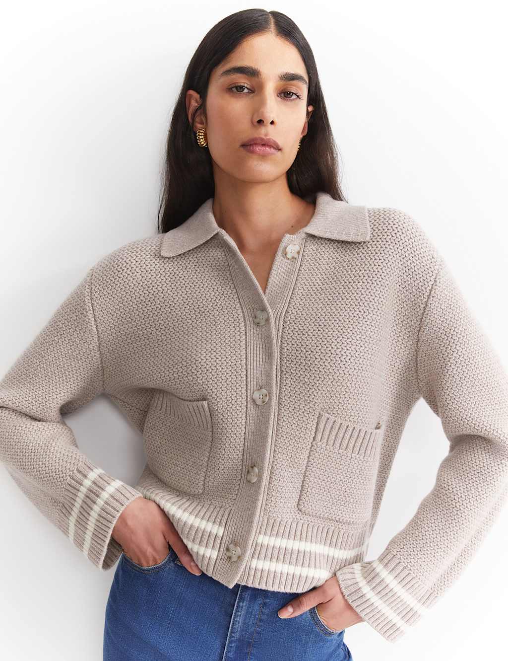 Sportscraft Women's Pure Merino Wool Textured Collared Cardigan - Medium - Grey - Available at M&S