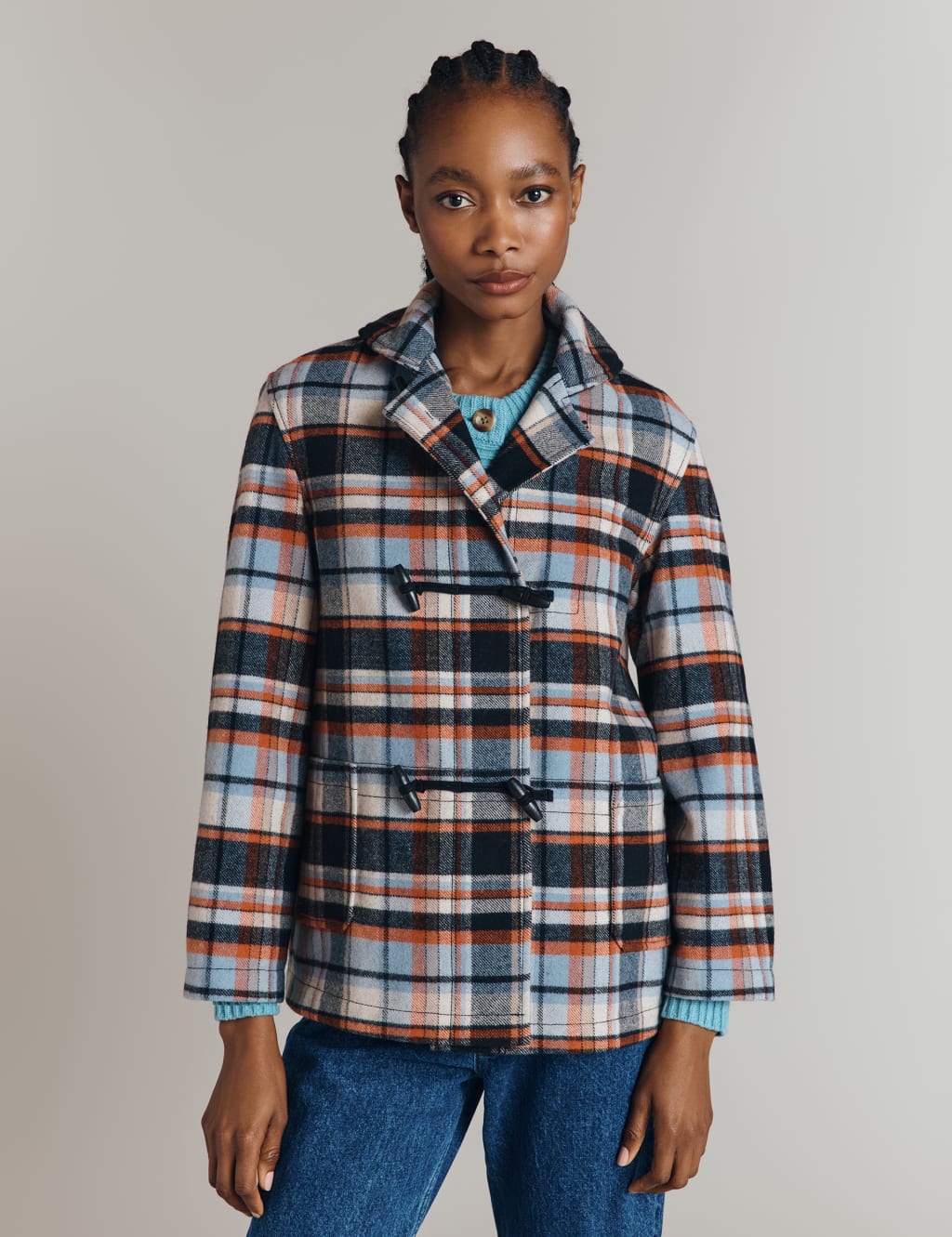 Wool Blend Checked Collared Jacket