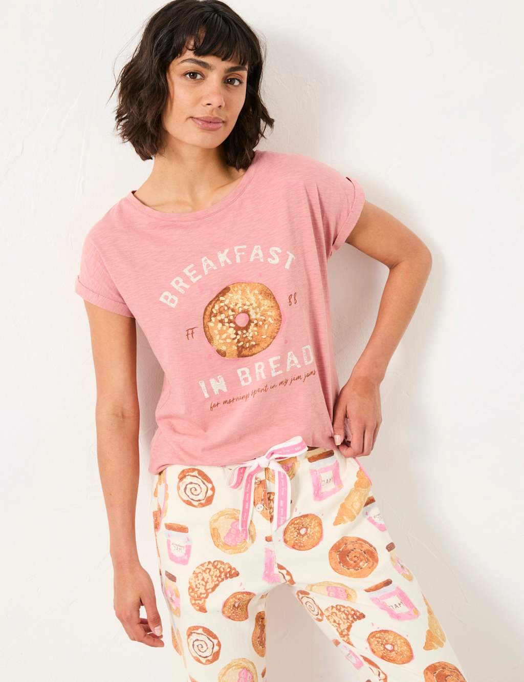 FatFace Pure Cotton Breakfast in Bed Pyjama Top Pink Mix