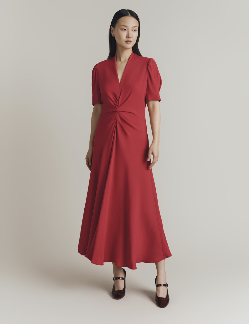 Satin Crepe V-Neck Ruched Midi Tea Dress