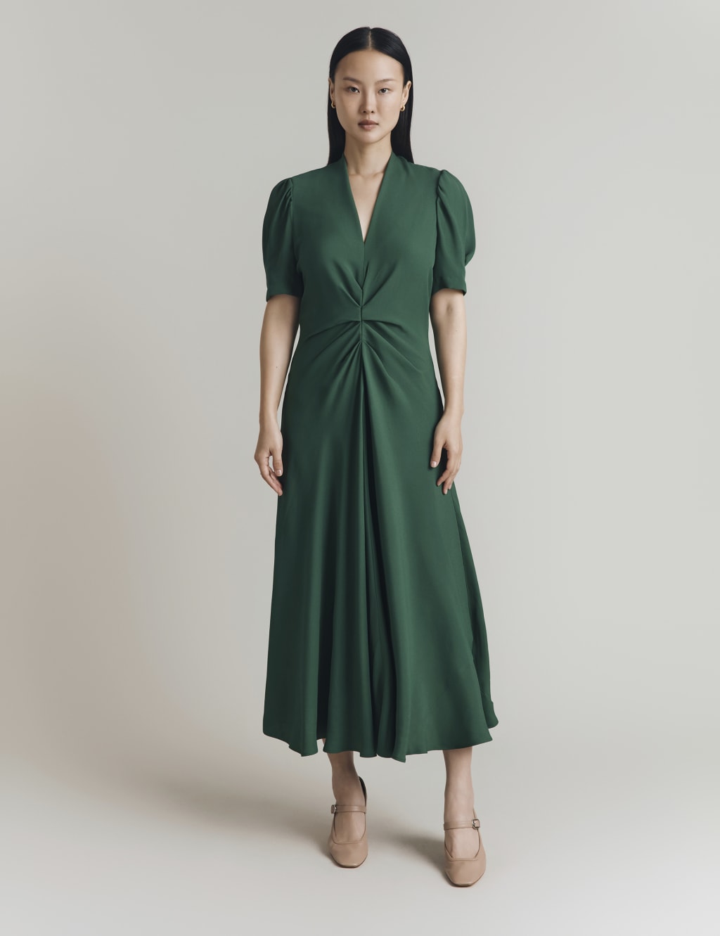 Satin Crepe V-Neck Ruched Midi Tea Dress