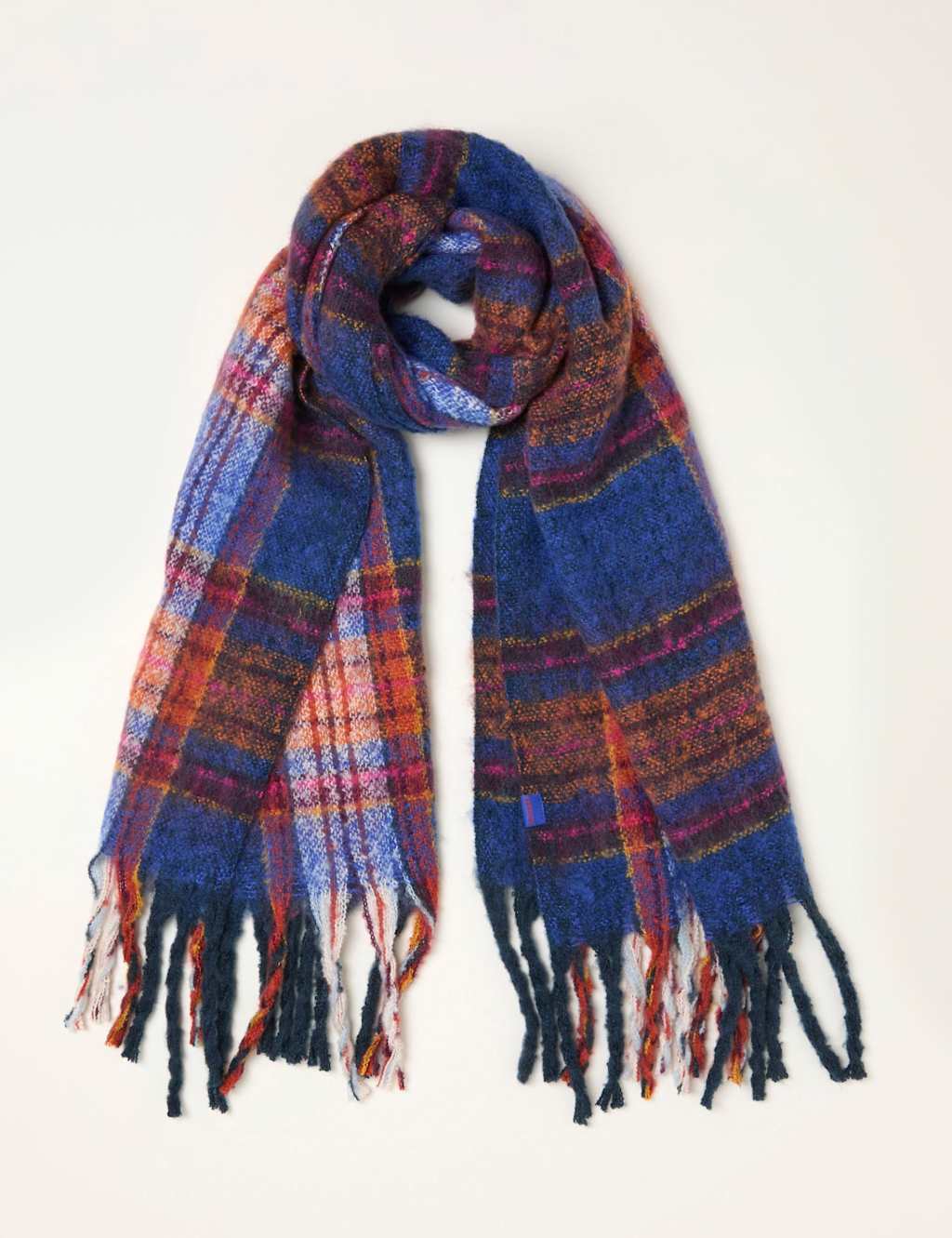 FatFace Checked Tassel Scarf Blue Mix
