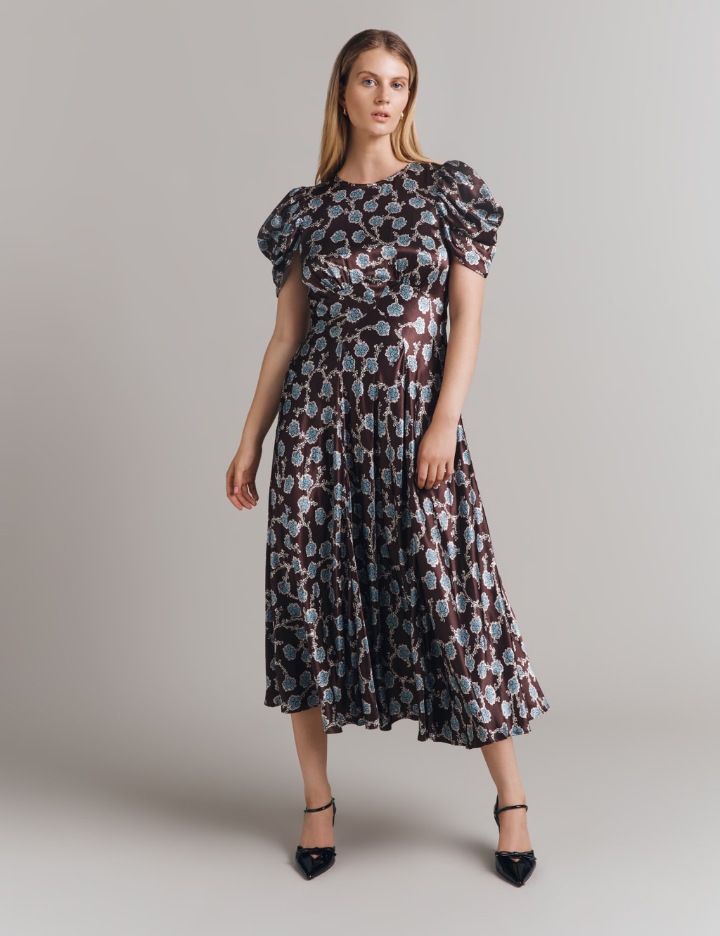 Satin Floral Round Neck Midi Skater Dress