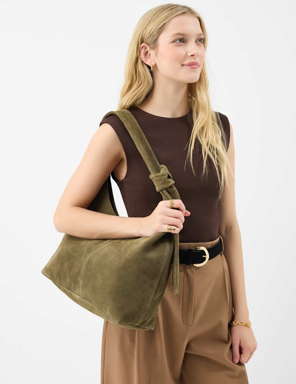 Accessorize Women's Leather Shoulder Bag - Khaki - Available at M&S