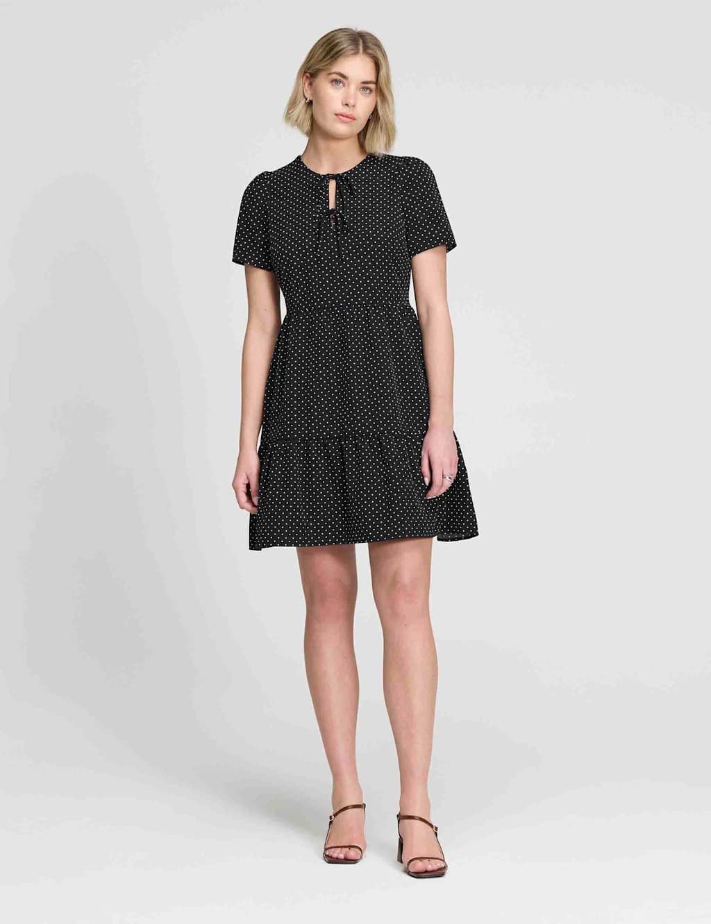 Finery London Women's Polka Dot Tie Front Tiered Mini Dress - 24 - Black Mix - Available at M&S