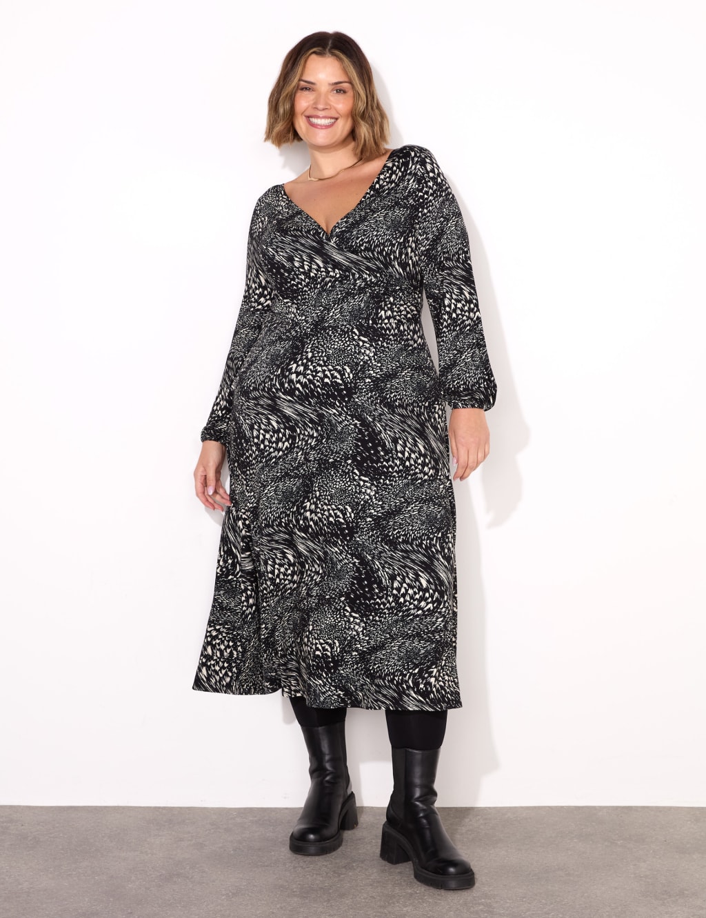 Printed V-Neck Midi Wrap Dress