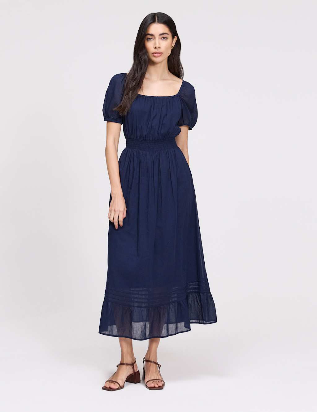 Finery London Women's Pure Cotton Square Neck Midi Smock Dress - 14 - Navy - Available at M&S