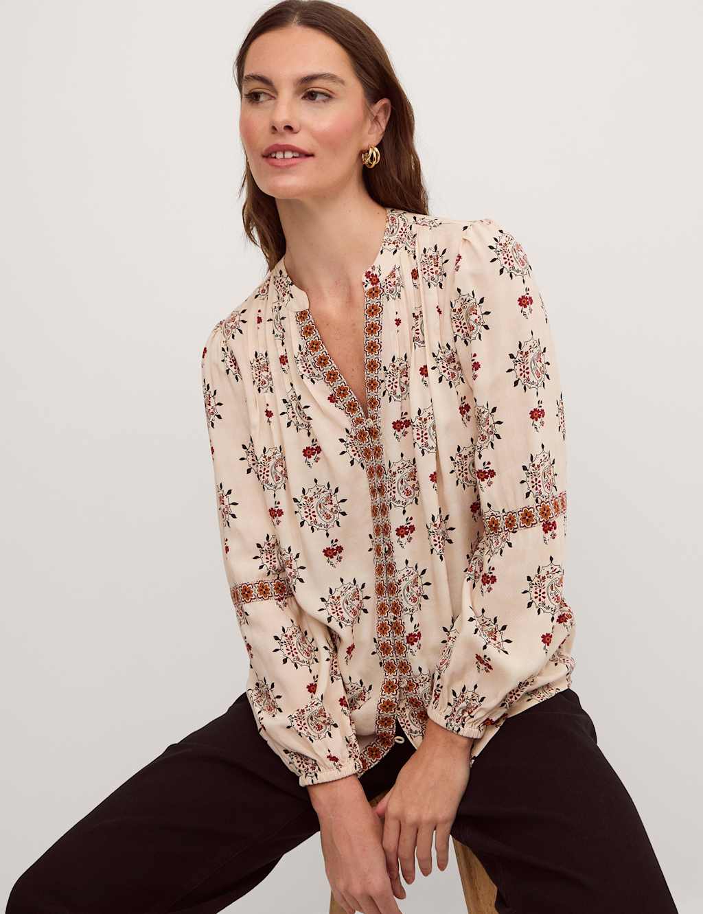 Monsoon Women's Floral Notch Neck Button Through Shirt - Extra Large - Ivory Mix - Available at M&S