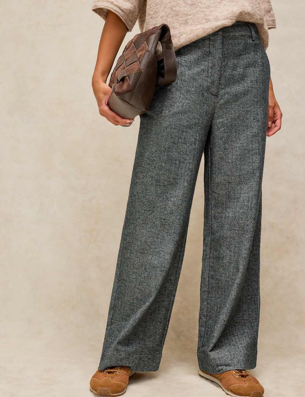 White Stuff Women's Cotton Rich Herringbone Wide Leg Trousers - 18 - Grey Mix - Available at M&S