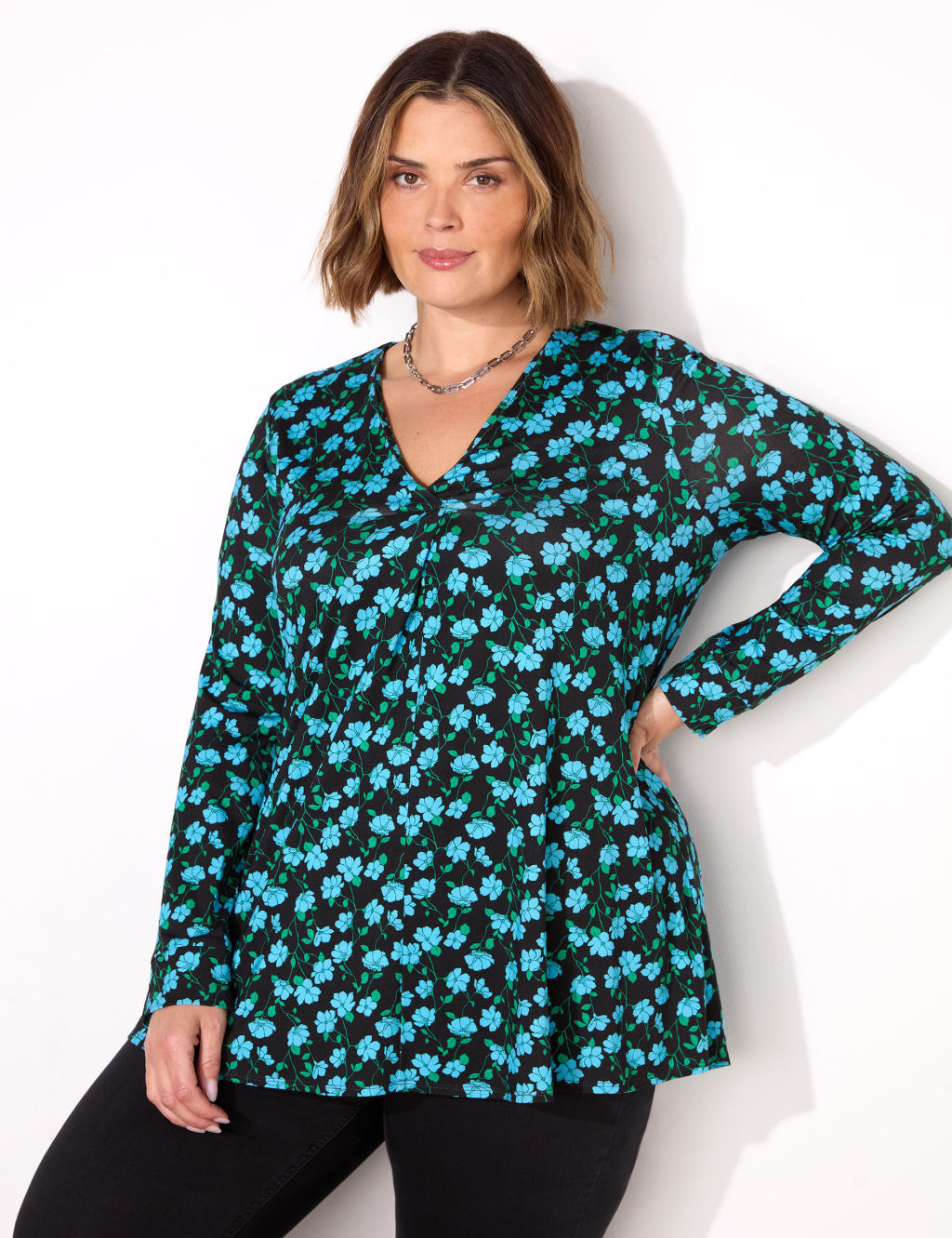 Jersey Ditsy Floral Pleat Detail V-Neck Top