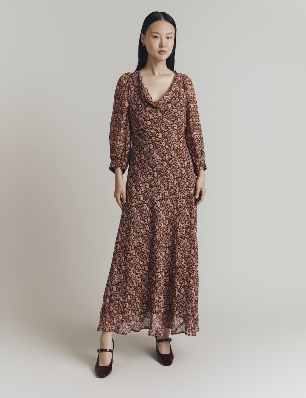 Floral Print Cowl Neck Midi Waisted Dress