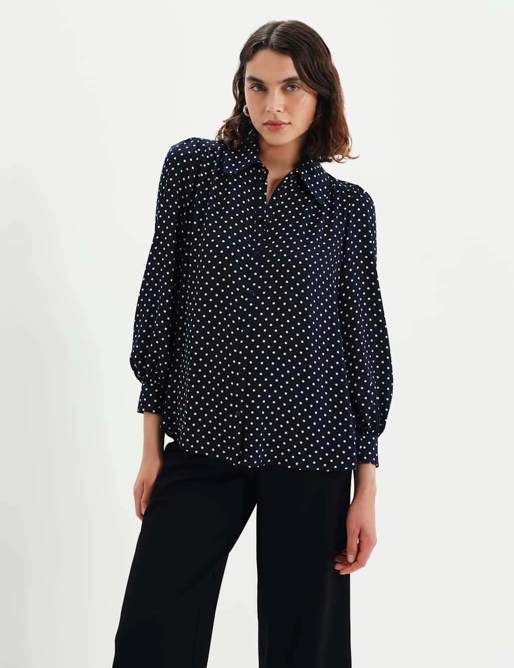 Finery London Women's Crepe Polka Dot Button Through Blouse - 10 - Navy Mix - Available at M&S