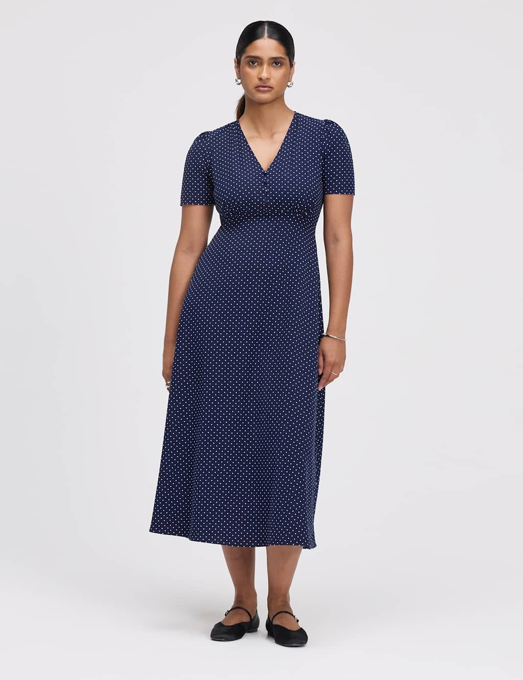Finery London Women's Polka Dot V-Neck Midi Tea Dress - 18 - Navy Mix - Available at M&S