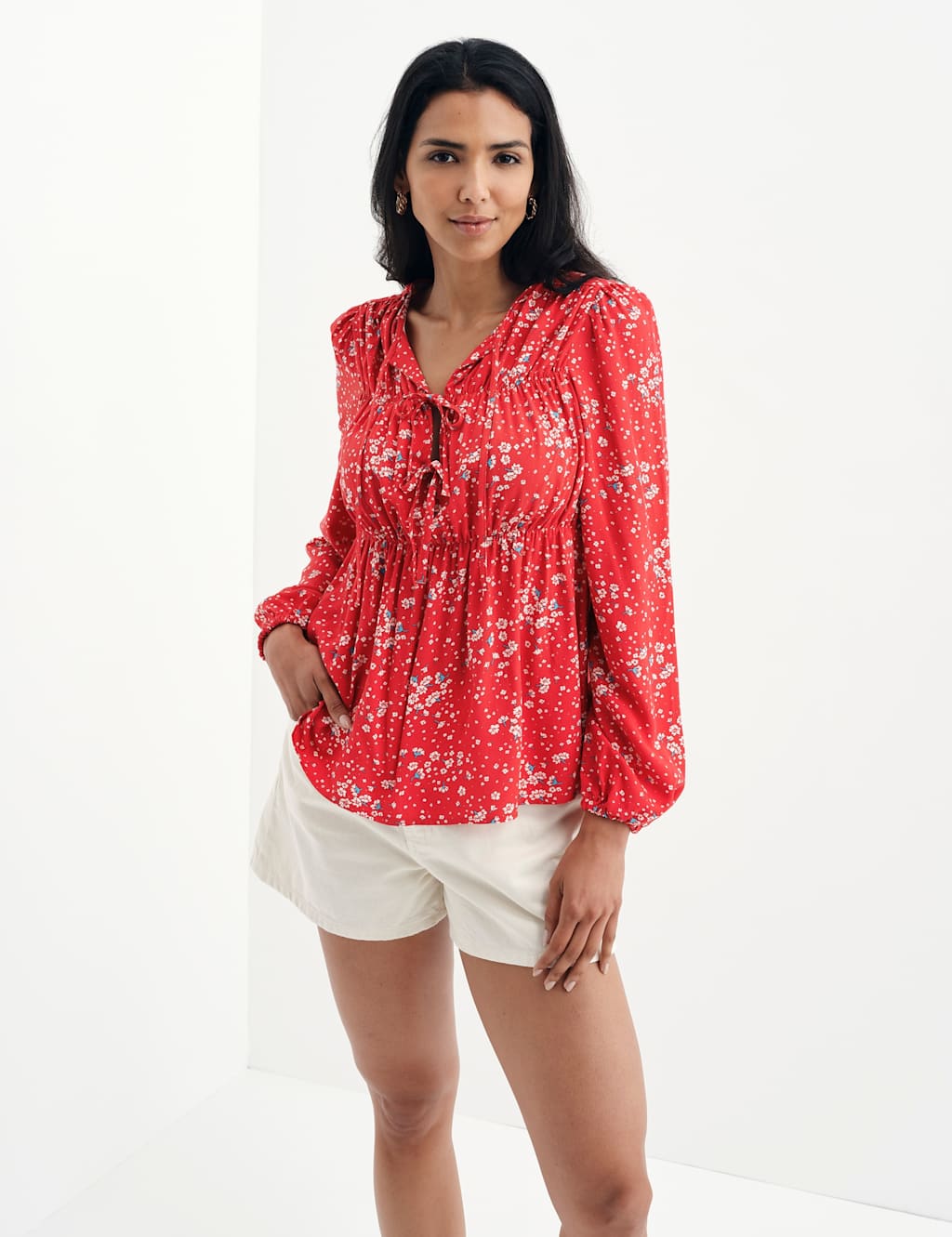 Finery London Women's Printed Tie Neck Top - 10 - Red Mix - Available at M&S