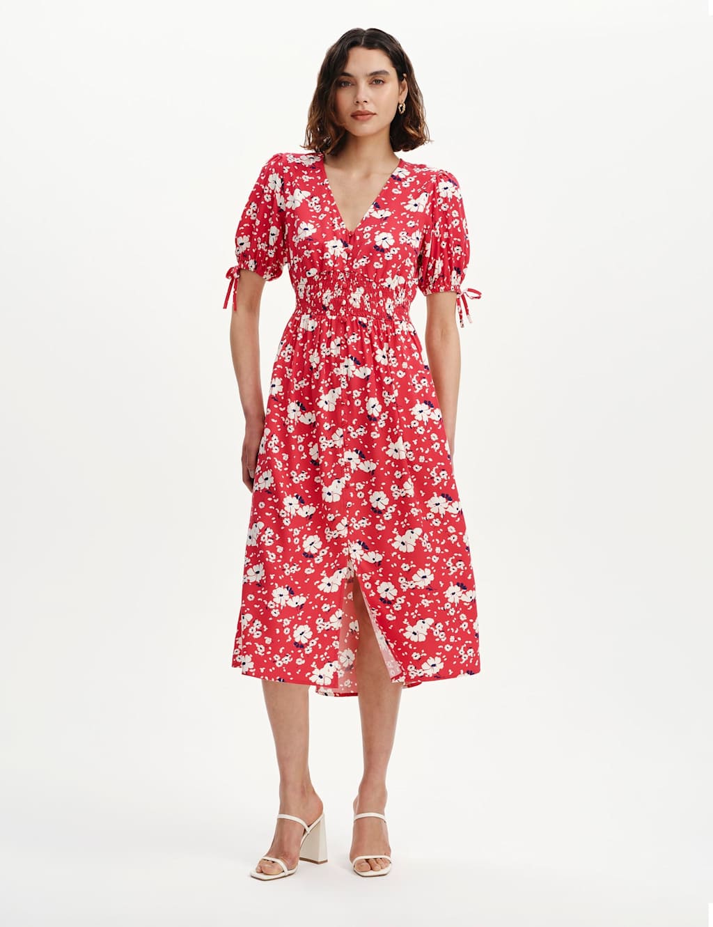 Finery London Women's Floral Shirred Button Through Midi Dress - 18 - Red Mix - Available at M&S